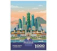 Panama City Skyline Illustration Travel Puzzle 1000 Pieces, Romantic City Break Scene, Interlocking Paper Pieces, Family Night Game for Home Décor Fans, 38x26cm/1000pcs