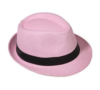Panama Fedora Trilby Gangster straw sunhat with fabric strap, street style - pink - One size