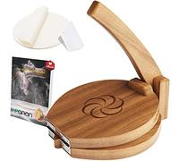 panan Wooden Tortilla Press Mexican Tortillera Presser Made from Natural Food-Grade - Large Wood Pataconera with 50 Pieces Parchment Paper, Dough Cutter and Recipes eBook (Acacia, Round 10 inch)