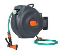 Panana 20m Retractable Hose Reel, Portable Wall-Mounted Plastic Garden Reel with 9 Function Spray Nozzle, 180°Swivel, Auto Lock and Auto Rewind, Long Reach, Outdoor Watering Grey