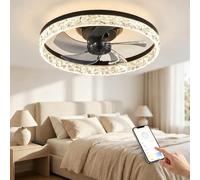 Panana 50cm LED Ceiling Fan with Light, Crystal Quiet Dimmable Small Fan Light, 6-Speed Reversible Fan, Timer Setting, APP & Remote & Wall Switch Memory for Bedroom Living Room (Black)
