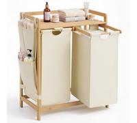 Panana Bamboo Laundry Basket with 2 Compartments, Double Sorting Laundry Hamper,Laundry Bag & Side Pocket, 2 x 50L Capacity Clothes Sorter Bin for Bedroom Bathroom