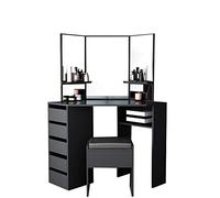 Panana Corner Dressing Table with Mirror, Makeup Table Set with Cushioned Stool Storage 5 Drawers Shelves Cosmetic Vanity Dresser Desk for Bedroom Home Black