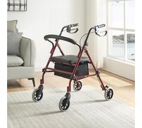 Panana Folding Rollator Walker, Lightweight Mobility Aids, Adjustable Walking Frame with Lockable Brake and Carry (Red, 4 Wheels with Padded Seat)