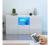 Panana High Gloss Front Large Sideboard LED Display Cabinet, Modern 3 Door Wood Buffet Cupboard Storage Unit with Remote Control Living Room (White)