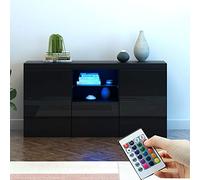 Panana High Gloss Front Large Sideboard LED Display Cabinet, Modern 3 Door Wood Buffet Cupboard Storage Unit with Remote Control Living Room (Black)
