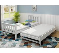 Panana Modern 2in 1 Trundle Solid Pine Wood Bed Frame Single Bed with Extra Sleepover Bed (White)