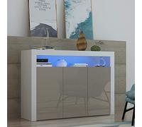 Panana Sideboard Storage Cupboard High Gloss Front Cabinet RGB Multicolor LED Lighting with 3 Doors and Shelves Living Room White and Grey