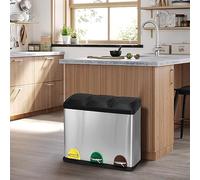 Panana Triple Rubbish Bin, Stainless Steel Triple Bucket Trash Can, 3 Compartment Step On Kitchen Garbage Recycling Bin, 45L, Silver