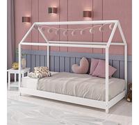 Panana Wooden Kids House Bed Frame, Solid Pine WoodTreehouse Style Childrens Floor Bed Frame for Toddlers and Children (White)