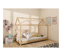 Panana Wooden Kids House Bed Frame, Solid Pine WoodTreehouse Style Childrens Floor Bed Frame for Toddlers and Children (Wood)