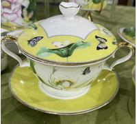 PANAOAHU 12 oz Bone China Breakfast Bowl Set with Lid and Saucer, Double Handled Soup & Cereal Bowl with Gold Trim, Dishwasher Safe, Ideal for Oatmeal, Dessert, Soup, Fruit, Salad