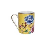 PANAOAHU 13.5oz Bone China Coffee Tea Mug, Floral & Bird Pattern Ceramic Cup with Gold Trim, Elegant Mug Gift with Handle for Women, Vintage Coffee Mug for Home, Office & Daily Use (Yellow)
