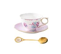 PANAOAHU Tea Cup and Saucer Set, Floral Butterfly Vintage Tea Cup with Gold Trim, Bone China Teacup with Saucer and Spoon, Porcelain Coffee Cup Set for Women and Tea Party, 6.8 oz