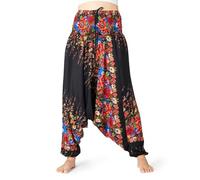 PANASIAM Aladdin Trousers Blütenzauber - 100% Natural Viscose - Oriental Harem Trousers Baggy Trousers Leisure Trousers for Women - with Colourful Floral Pattern, flowers black, XL
