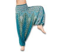 PANASIAM Harem Trousers Peacock - Women's 2-in-1 Harem Pants & Jumpsuit | Yoga trousers with drop crotch, GOA boho style, oriental Aladdin pants, lightweight summer trousers, 100% viscose