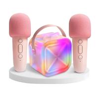 Panbemai Mini Karaoke Machine for Kids with 2 Wireless Microphones & Bluetooth | Portable Speaker with Phone Stand & Colorful Lights for Girls Ages 3-4-5-6-12+ (Pink)