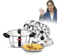 PANCA 15 Litre Stainless Steel Idli Maker | 5 Plate Idli Cooker with 12 Cavities Each | Idli Steamer, Dhokla Maker, Mini Idli Plate & Multi-Purpose Idli Kadai Pot (5 Plate 12 Cavity Idli Cooker)