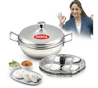 PANCA Stainless Steel Multi Purpose Kadai with Steel Lid, idli Maker 2 Plates 8 Cavity Idli Cooker
