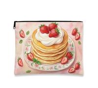 Pancake Makeup Bag, Cute Strawberry and Cream Design Cosmetic Pouch for Women, Portable Canvas Zipper Bag, Spring and Summer Travel Organizer, Peach, 7x9 Inch, Pancakes