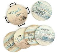 PANCHH Beach Coastal & Ocean Sea Tropical Theme Coasters for Drinks , Kitchen Decor and Gifts for Beach House and Home Beach Bars - Coasters for Wooden Table - Set of 6 with Holder , Absorbent