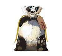 Panda 1 Printed Christmas Drawstring Bags for Xmas Gift Wrapping, Yellow Christmas Ribbon, S