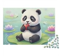 Panda 1000 Pieces Lotus Pond Panda Recycled Cardboard Puzzle for Rainy Day Indoor Activity Family Game Night Senior Citizens Senior Centre Activity Gift 38x26cm/1000pcs