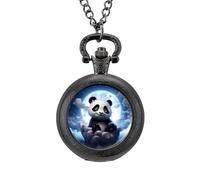 Panda Admiring The Moon Vintage Pocket Watch Alloy Pendant Watches Necklace Gift for Men Women Black-Style
