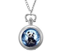 Panda Admiring The Moon Vintage Pocket Watch Alloy Pendant Watches Necklace Gift for Men Women Silver-Style