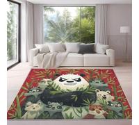 Panda and Bears Area Rug, Red Background with Bamboo Design, Printed Short Pile Carpet, 80 x 120 cm