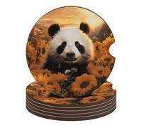 Panda and Sunflower Car Coasters, 6PCS Non-Slip Car Cup Holder Coasters with Cork Base, Heat Resistant & Waterproof Drink Coaster for Women Men