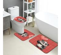 Panda Bathroom Mat Sets 3 Piece, Cute Heart Animal Absorbent Non Slip Toilet Rugs U Shaped Washable, Fun Cartoon Quick Dry Flannel Bathroom Rug Set