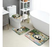Panda Bathroom Mat Sets 3 Piece, Playful Artistic Cute Black White Bear Absorbent Non Slip Toilet Rugs U Shaped Washable, Summer Quick Dry Memory Foam Bathroom Rug Set
