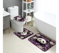 Panda Bathroom Mat Sets 3 Piece, Violet Floral Cute Animal Absorbent Non Slip Toilet Rugs U Shaped Washable, Nature Inspired Quick Dry Memory Foam Bathroom Rug Set