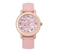 Panda Bear Cloud Rainbow Women's Leather Watch Easy Reader Minimalist Wristwatch Pink Rose Gold Strap Watches