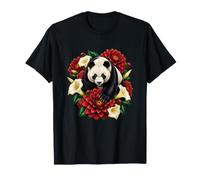 Panda Bear with Ruby Dahlias and Ivory Moonflowers T-Shirt
