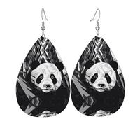 Panda black and white drawing Pattern leather earrings | Water drop-shaped printed earrings, suitable for daily/party/dating scenes