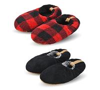 Panda Bros Mens Slipper Socks Low Cut Super Soft Warm Home Sock with Non-Slip Indoor Slipper Shoes Socks, Black Red Lattice, 7-9.5