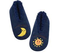 Panda Bros Slipper Socks for Women Grippers, Fuzzy Cozy Fleece Slipper Socks, Soft, Warm House Slippers, Navy Sun Moon, 8-10