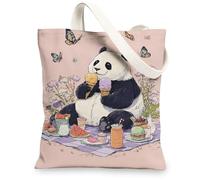 Panda Canvas Tote Bags, Cute Animal Illustration Reusable Shopping Bags, Fanciful Vintage Style Lightweight Washable Tote f, Peach, 13x15 Inch