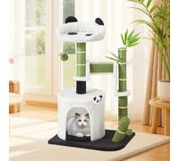 Panda Cat Tree, 30.7" Indoor Cat Tower with Self Groomer, Two-Layer Modern Cat Scratching Post Interactive Toy with Dangling Ball, Cat Condo and Hang Ball, Bamboo Leaf Shape Design
