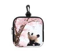 Panda Cherry Blossom Small Zip Pouch-Waterproof Neoprene Storage Bag for Earbuds, Keychain Clip Case for Coins Cards USB, Travel Organiser
