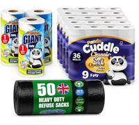 Panda Complete Household Essentials Bundle - 36 Toilet Rolls (3 Ply), 3 Giant Kitchen Rolls (3 Ply) & 50 Heavy Duty Bin Bags - Everyday Home & Kitchen Value Pack