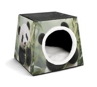 Panda Cub Eating Bamboo Cat Bed for Indoor Cats - Foldable Cat & Dog House with Removable Cozy Cushion, Waterproof Oxford Washable Pet House for Small Pets 13.8" X 13.8" X 11.8"