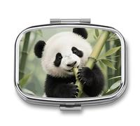Panda Cub Eating Bamboo pilldispenser with Mirror 2 Compartments Waterproof PillCase for Purse Pocket Non-Slip Grip Travel Medicine Organizer Container Box for Vitamin Fish Oil Supplement