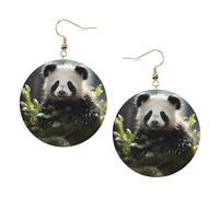 Panda cubs in the forest Print Round Leather Earrings for Women, Lightweight Dangle Drop Hoop Jewelry Set Gold,Birthday Party Gift