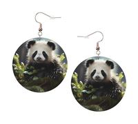 Panda cubs in the forest Print Round Leather Earrings for Women, Lightweight Dangle Drop Hoop Jewelry Set KC Gold,Birthday Party Gift