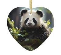 Panda Cubs in The Forest Printed Ceramic Ornaments Christmas Ceramic Heart Ornaments Suitable for Hanging on windowsills and fireplaces