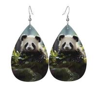 Panda cubs in the forest Printed Leather Earrings - Lightweight Teardrop Earrings Perfect for Christmas, Valentine's Day Gifts