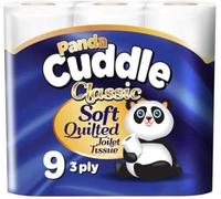 Panda Cuddle Rolls Toilet Tissue 3 Ply - Soft Quilted Toilet Rolls Tissue for Everyday Family Use - Strong & Absorbent Bathroom Paper (Classic, Pack of 9)
